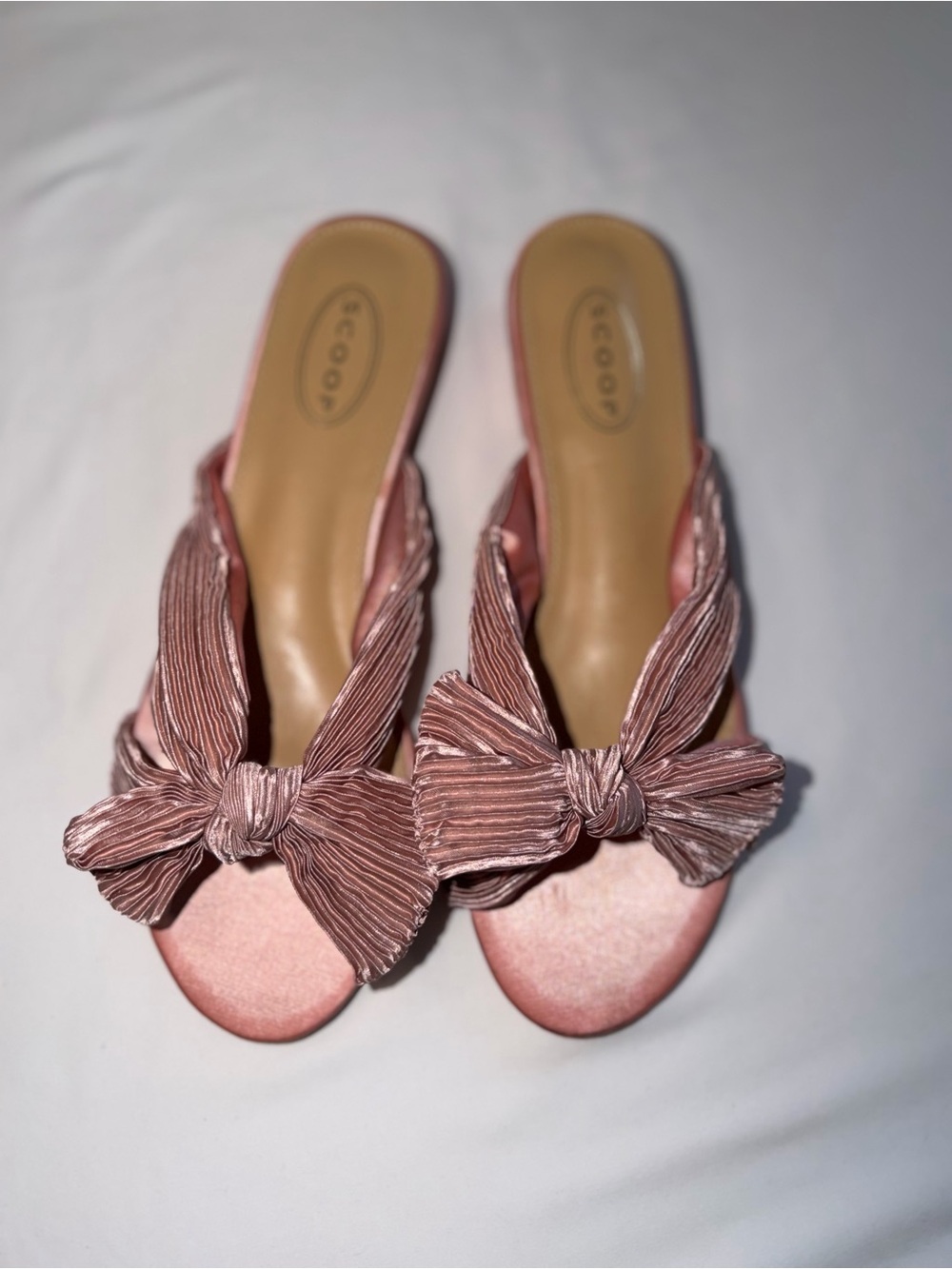 Pleated Bow Slide Sandals in Dusty Pink